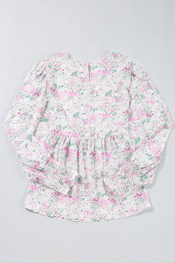 Babydoll pink blouse with floral print and frozen balloon sleeves with lock hole on the back