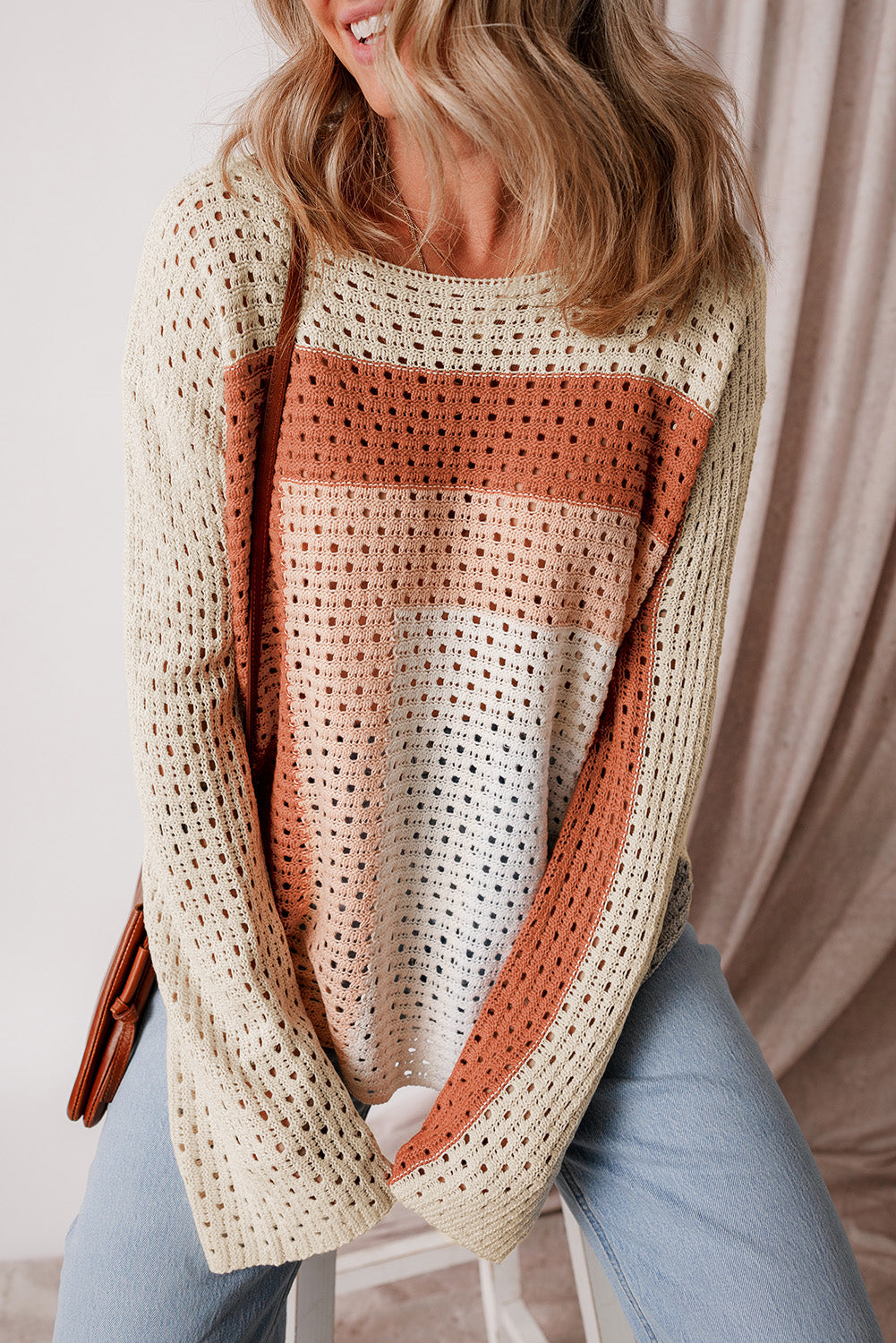 Apricot Pointelle Knit Colorblock Sweater Haggy