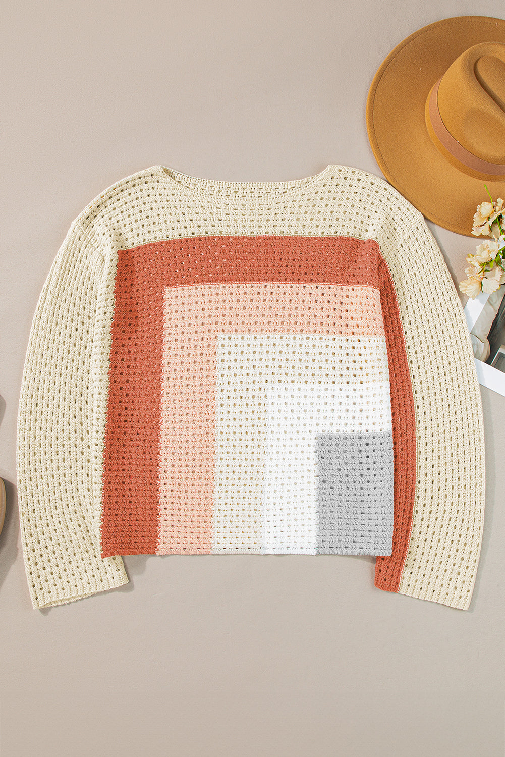 Apricot Pointelle Knit Colorblock Sweater Haggy