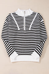 Black striped sweater, zipped collar, drooping shoulders