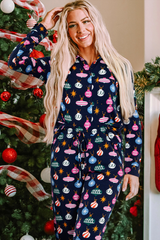 Ensemble pyjama chemise et pantalon imprimé lumières de Noël colorées bleu marine-A WOMAN WE LOVE