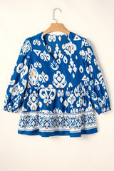 Chemisier coupe fluide à manches 3/4 et imprimé géométrique tribal bleu-A WOMAN WE LOVE