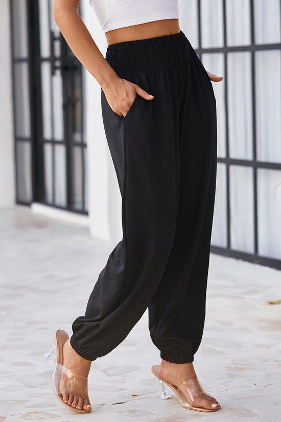 Pantalon de jogging taille haute smocké noir