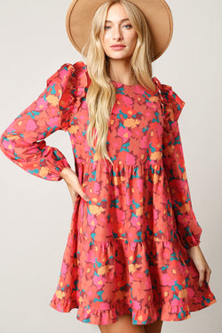 Rose Red Floral Long Sleeve Ruffle Shoulder Mini Dress