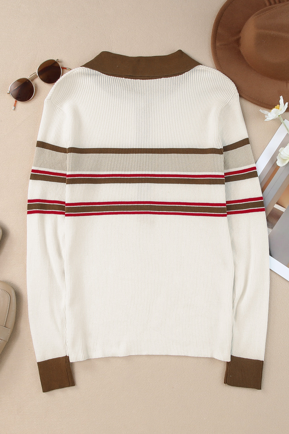 Stripe a costola bianca a costine Henley Sweater