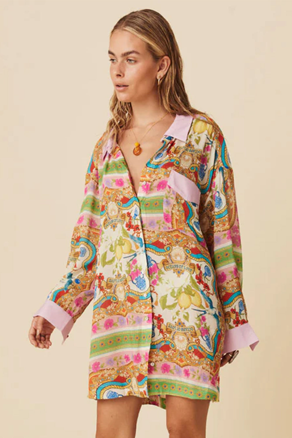 Long sleeve buttoned shirt dress and floral print *