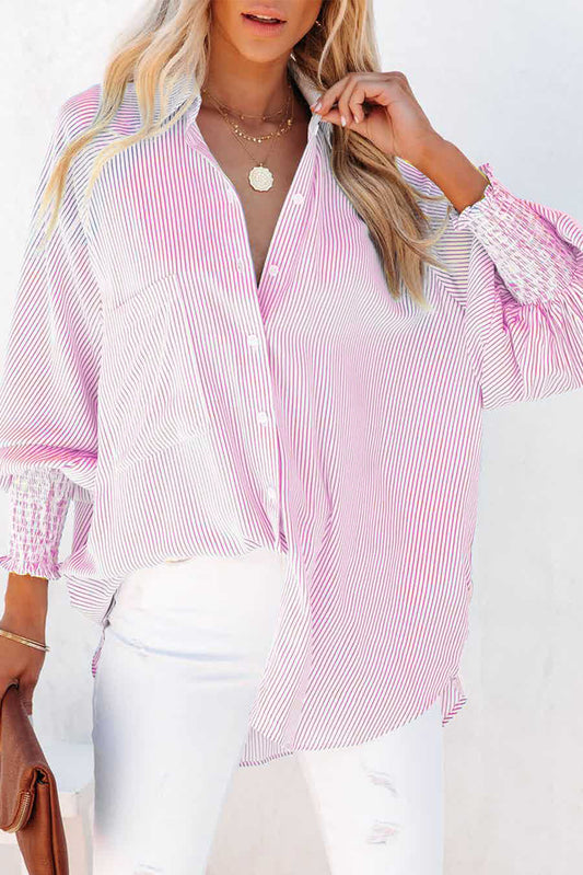 Chemise boyfriend rayée rose à revers et smocks avec poche