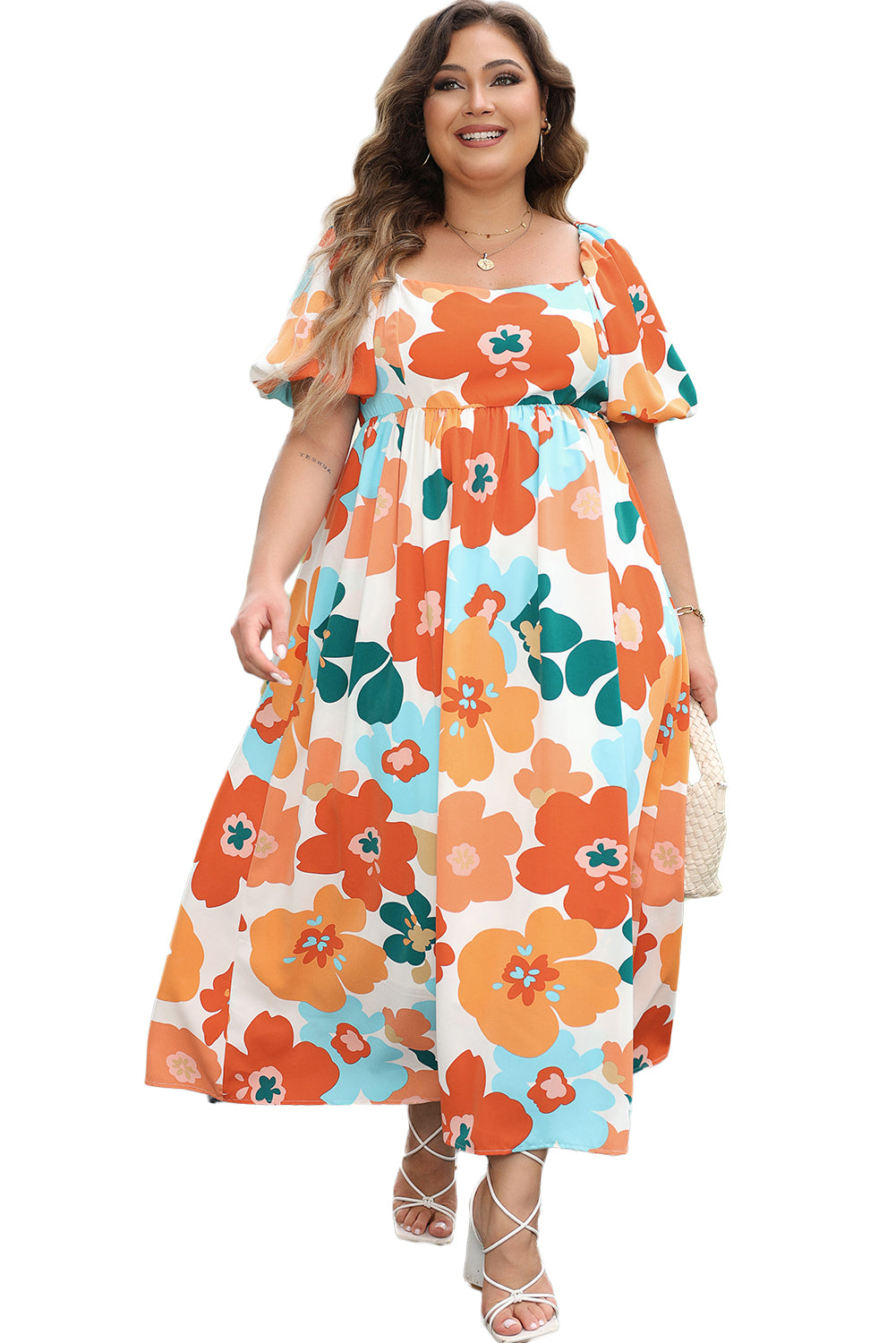 Orange de talla grande estampado de flores SHIRRED CUADRO MAXI MAXI Vestido