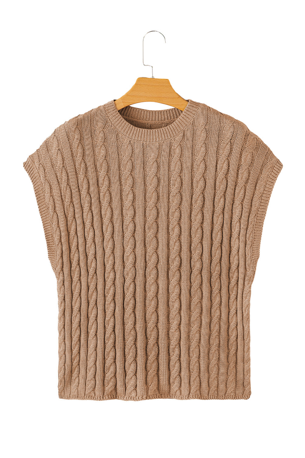 Light French Beige Crew Neck Cable Knit Short Sleeve Sweater