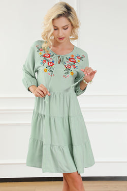 Green tiered floral embroidered ruffle dress