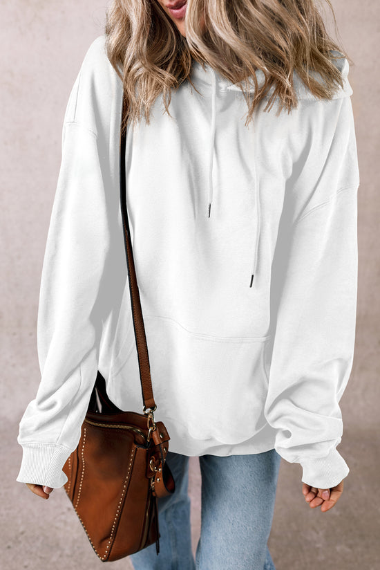 White thick hooded sweatshirt with kangaroo pocket and polar lined tightening cord