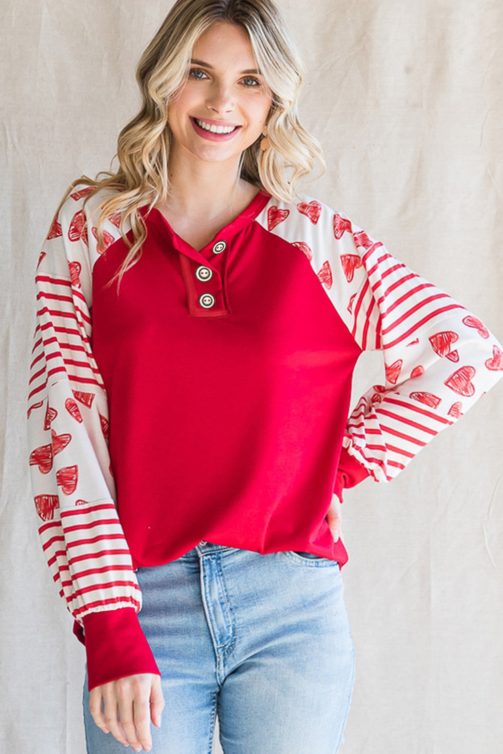 Fiery Red Heart Striped Raglan Sleeve Henley Top