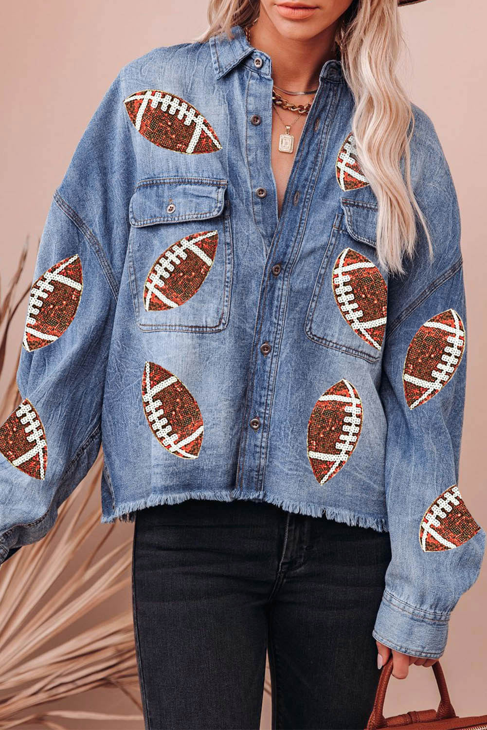 Sky Blue Sequin Denim Jacket with Flap Pockets and Raw Hem for Game Day