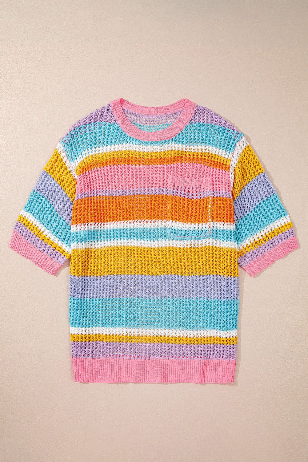 Plus Size Pink Striped Open Knit Short Sleeve Sweater with Patch Pocket