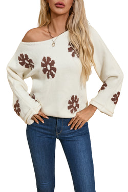 White round-neck sweater with color block floral pattern