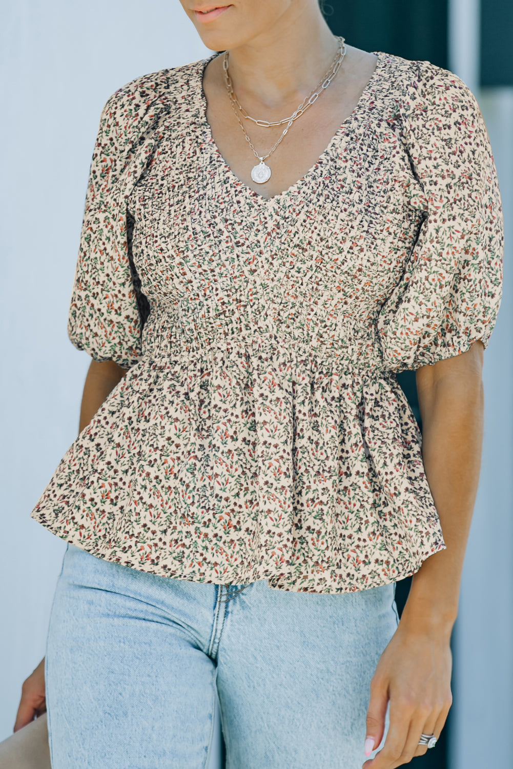 Floral Print Puff Sleeve Smocked Top