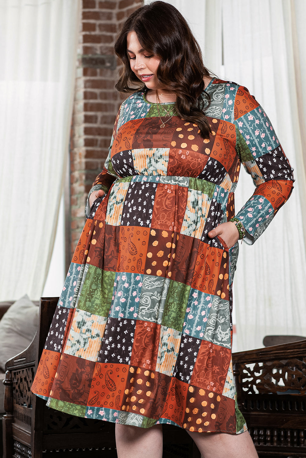 Robe trapèze à carreaux Western multicolore imprimée de grande taille verte