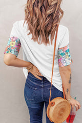 White high with short sleeves and floral print patchwork