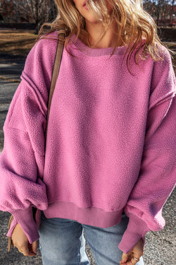 Hot Pink Oversized Drop Shoulder Sweatshirt with Sherpa Stitching