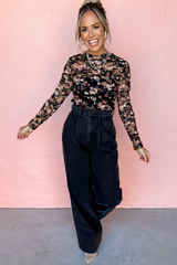 Black top with long sleeve transparent in floral mesh