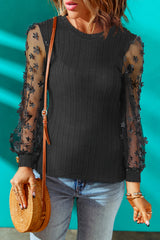 Chemisier en tricot texturé noir à manches en maille avec appliques florales-A WOMAN WE LOVE
