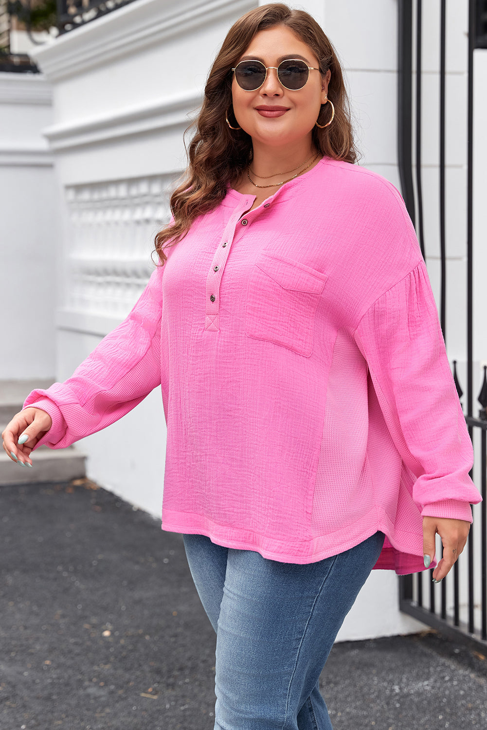 Candy Half Buttons Chest Pocket Dropped Sleeves Plus Size Top