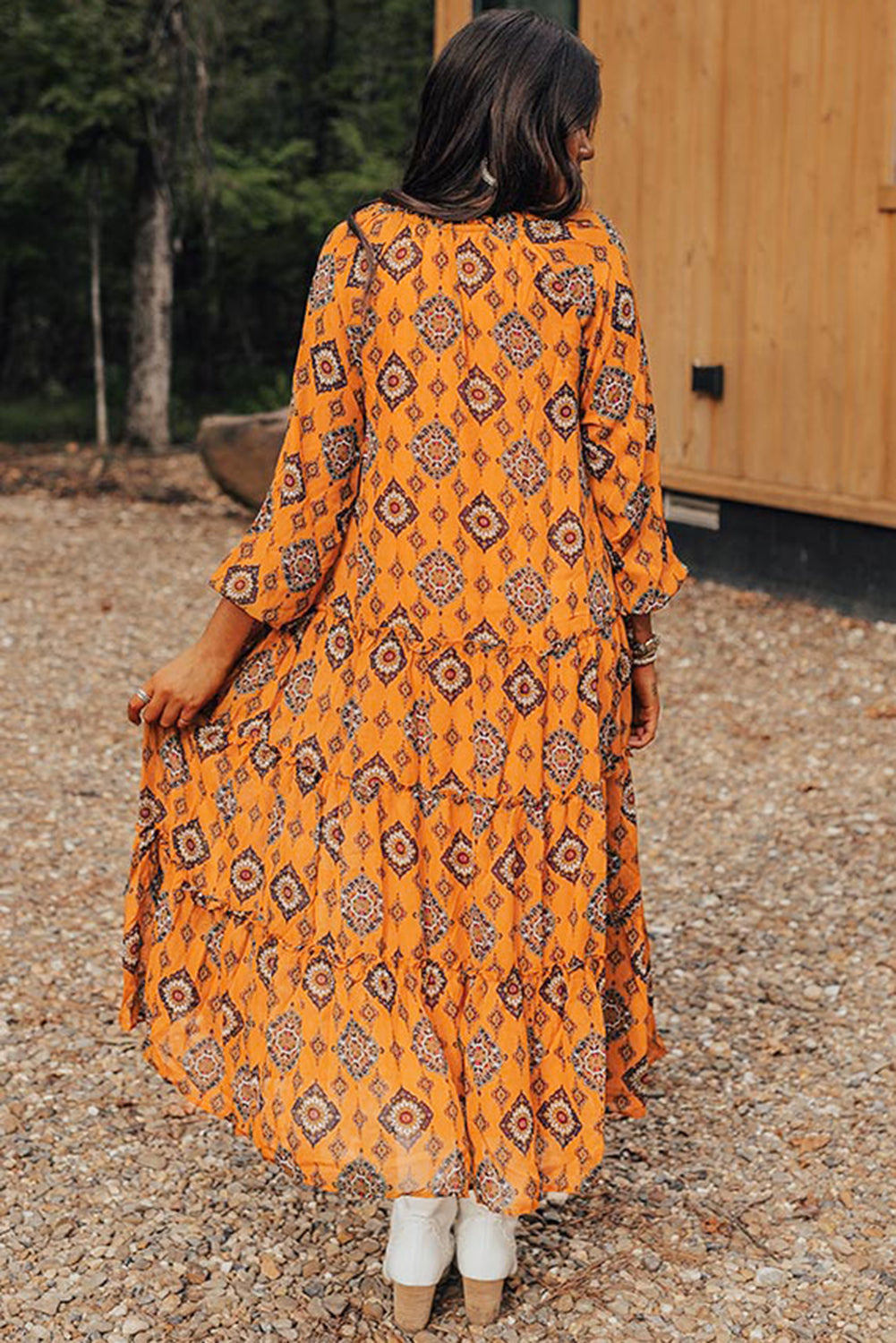 Robe midi orange à imprimé géométrique occidental et volants à plusieurs niveaux, coupe ample