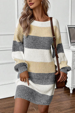 Color block striped sweater dress, bubble sleeves, drooping shoulders