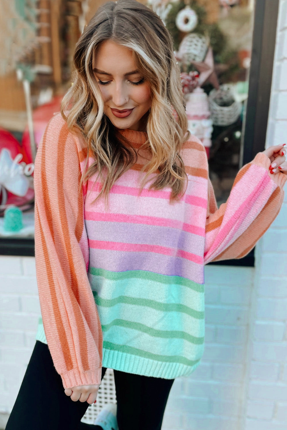 Multicolour Gradient Striped Ribbed Edge Loose Sweater