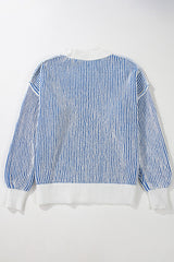 Pull ample à bords contrastés en tricot texturé à rayures bleu foncé
