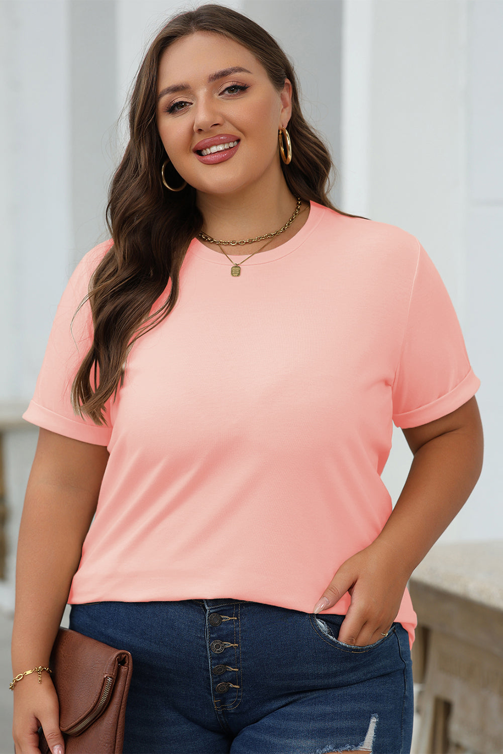 Camiseta rosa casual de color redondo