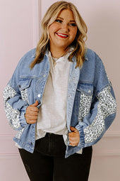 Veste en jean grande taille avec détails à rabat et patchwork léopard