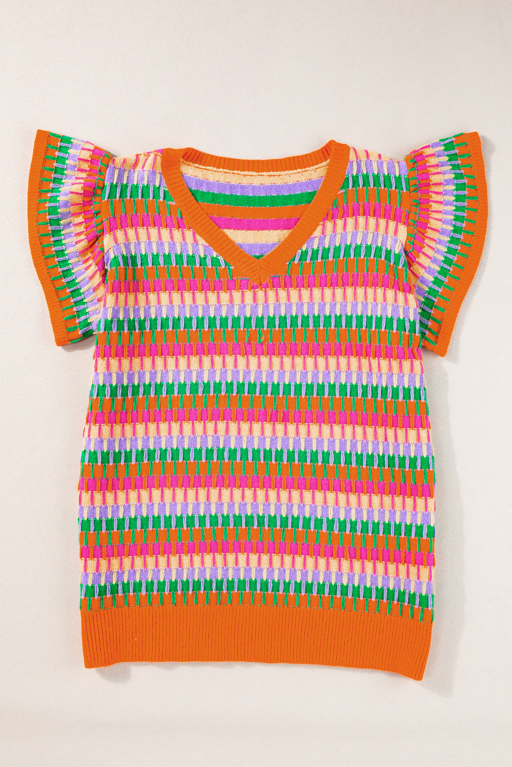 Orange Multicolor Flutter Sleeve Knitted Sweater Top