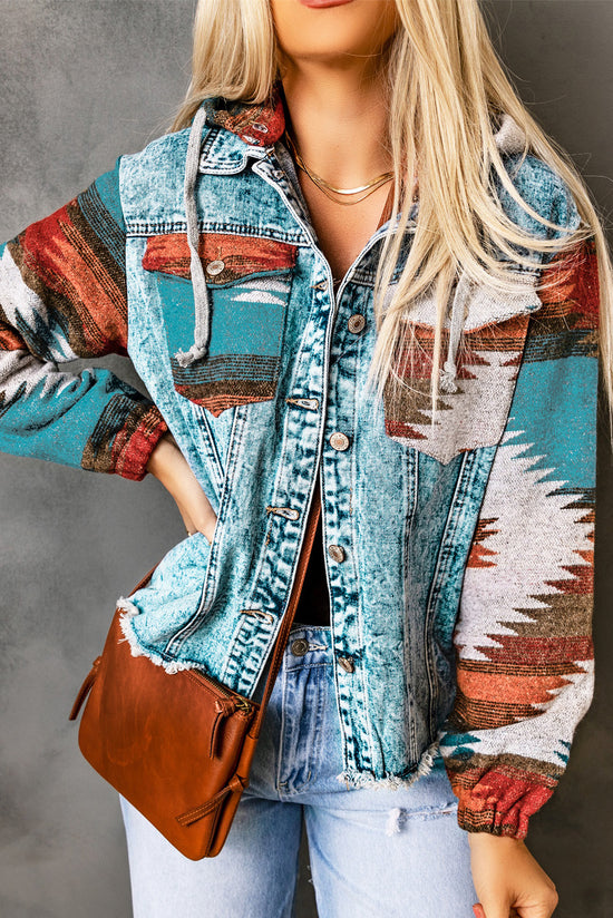 Multicolored Aztec Print Denim Jacket with Frayed Hem