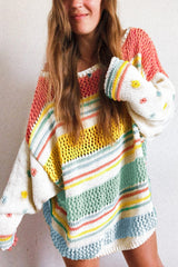 Multicolor sweater with contrasting sleeves in hollow striped tricot