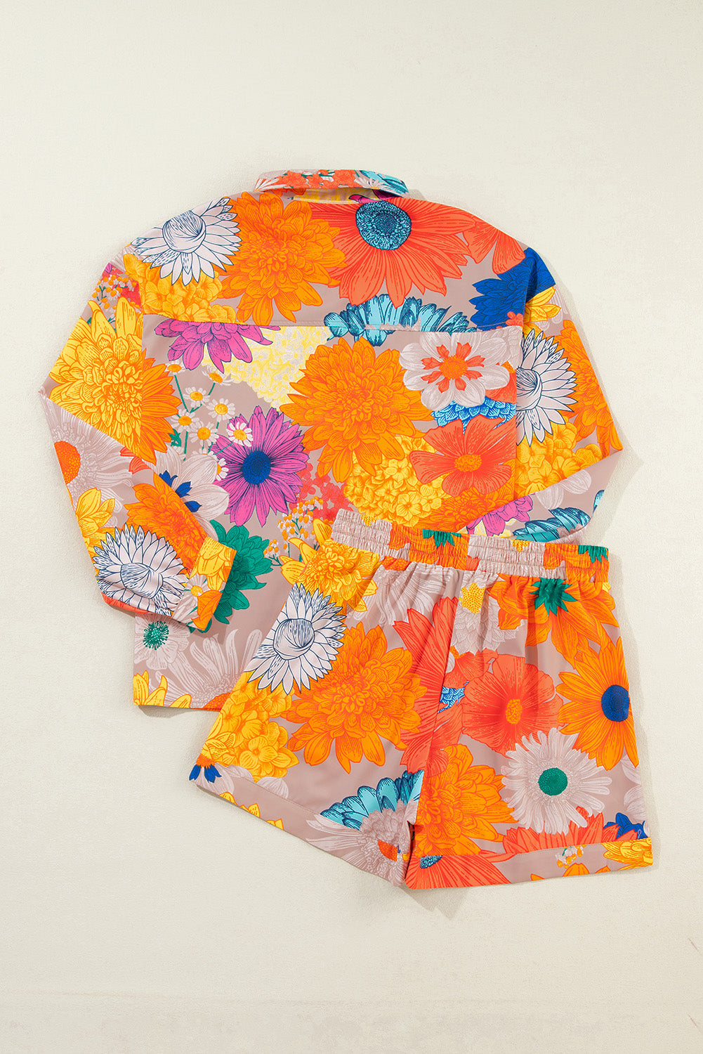 Orange Floral Print Drawstring Shirt and Shorts Two Piece Set