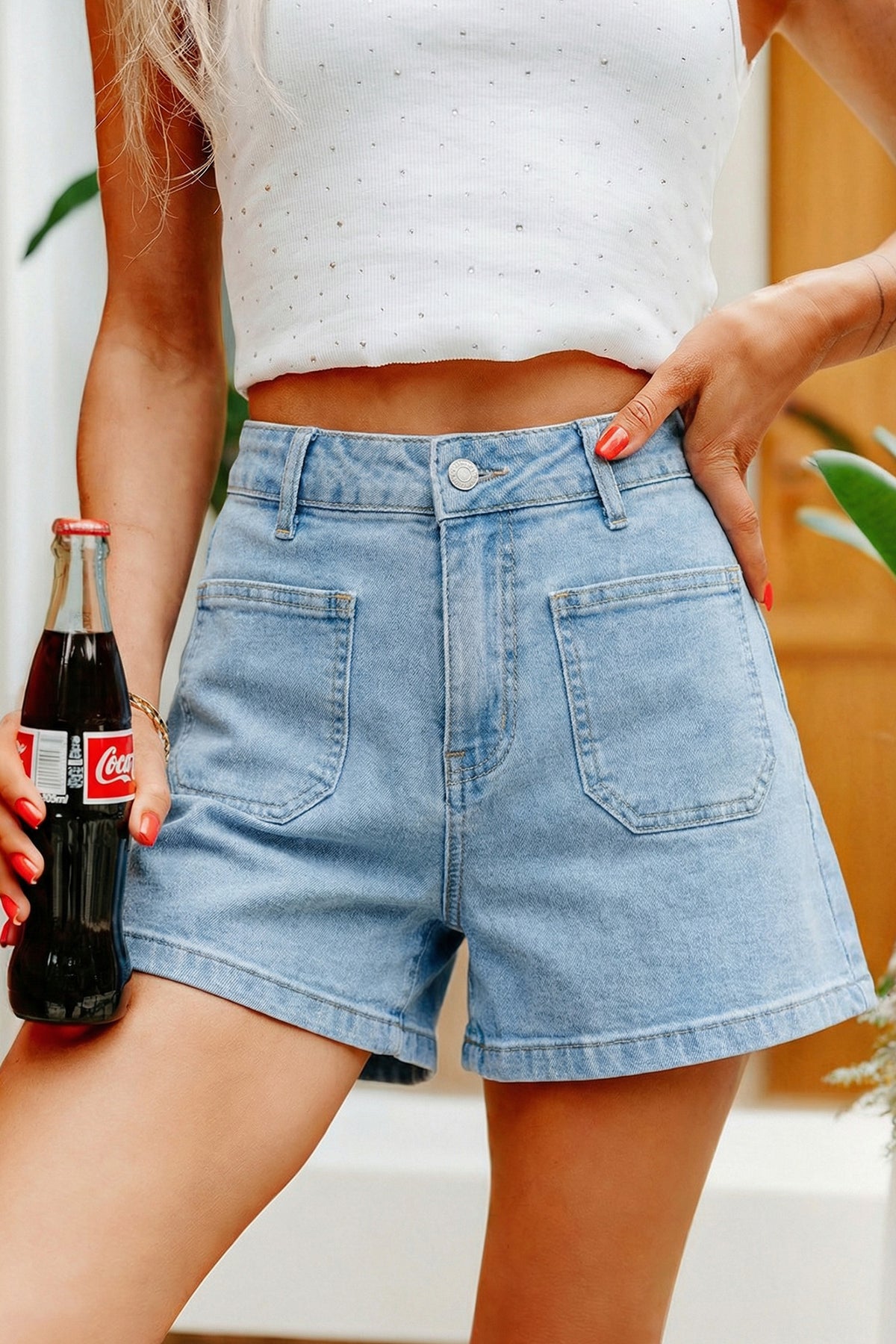 Short en jean taille haute à poches plaquées