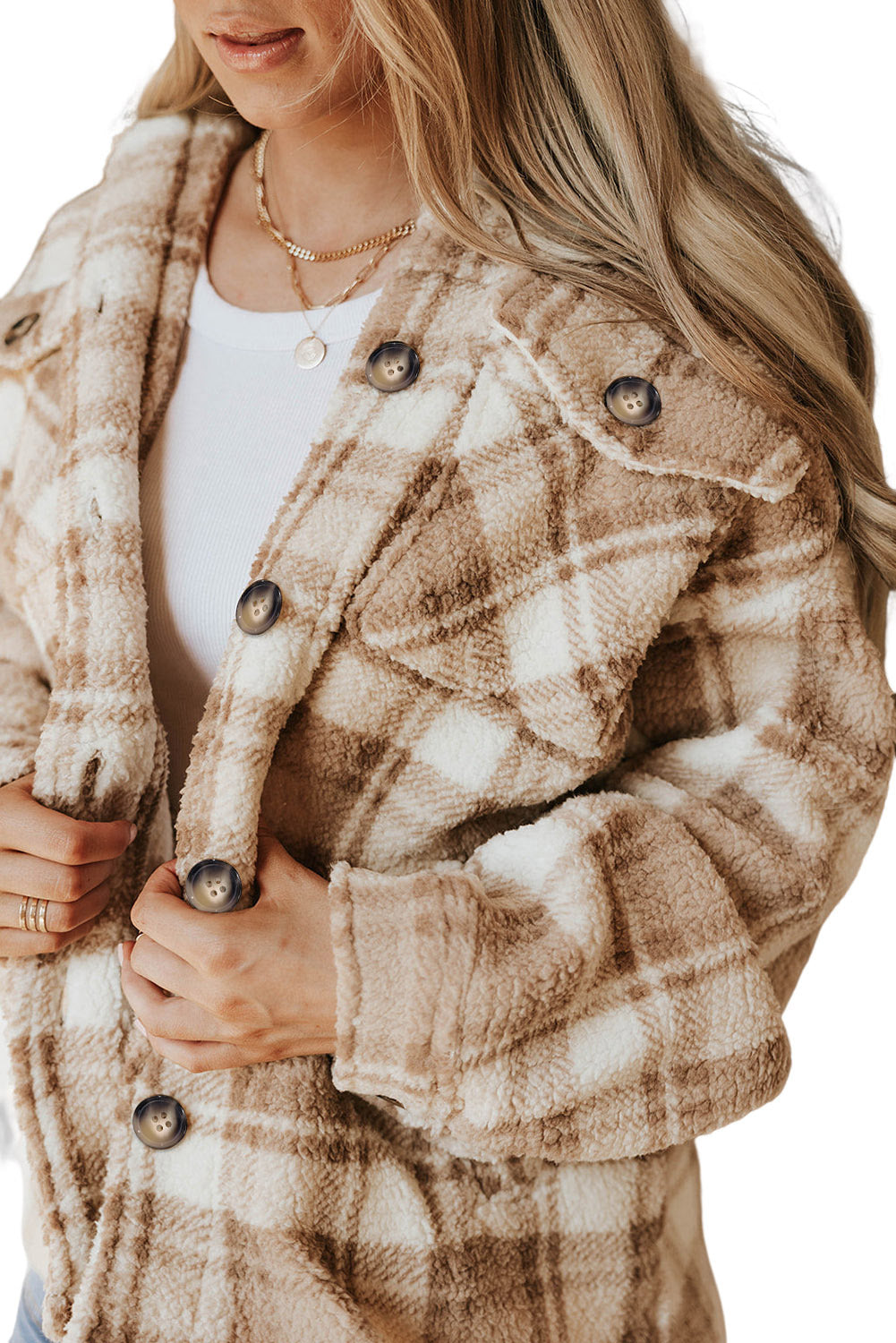 Khaki Sherpa Plaid Button Taschenjacke