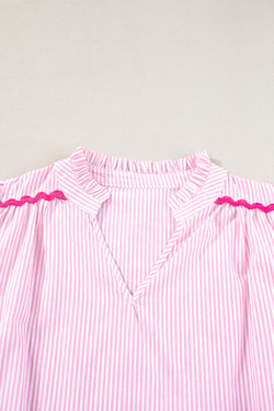 Ricrac striped pink blouse and split collar, striped, ruffle sleeves