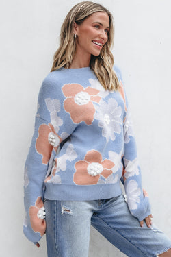 Beau Blue Floral Crew Neck Drop Shoulder Knitted Sweater