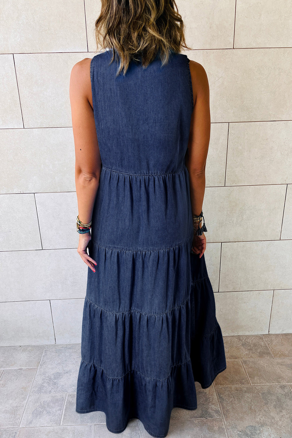 Echtes blaugrüne ärmelloses Chambray Maxi -Kleid