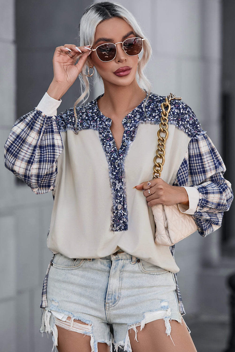 Blue Floral Plaid Mixed Print Bishop Sleeve Patchwork Top