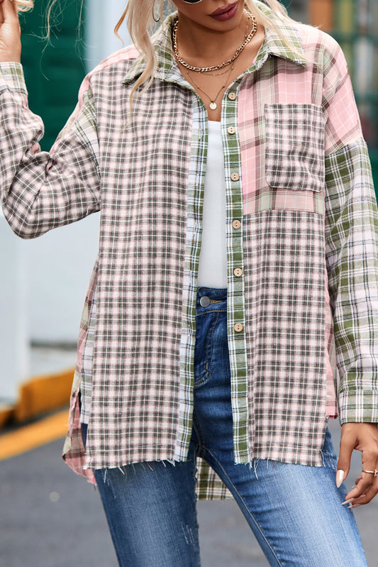 Multicolor Plaid Patchwork High Low Oversized Shirt