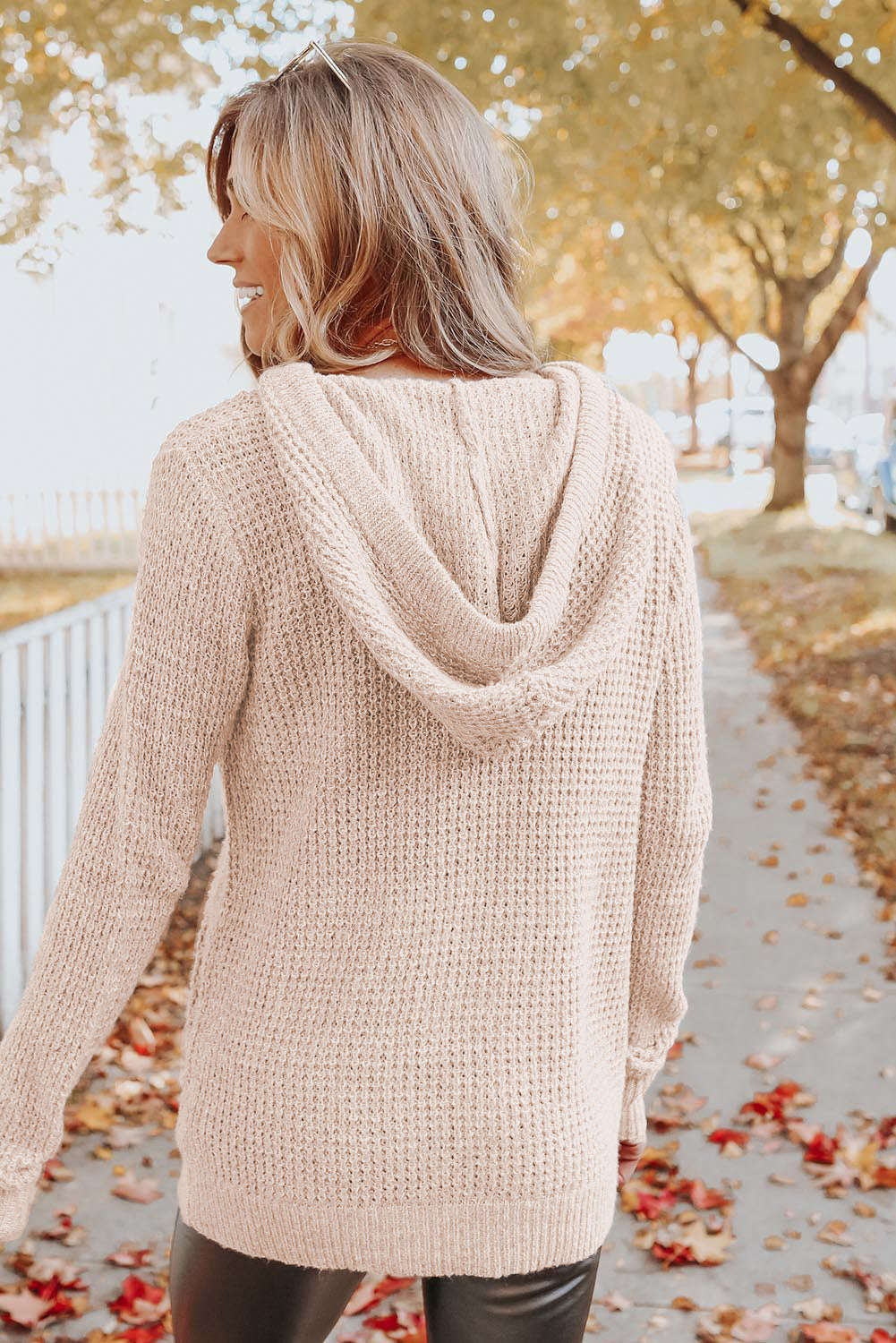 Aprikose Waffelknitknöpfe Kapuzepullover mit Tasche