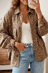 Khaki Leopard Print Collar Long Sleeve Patch Pocket 100% Cotton Denim Jacket