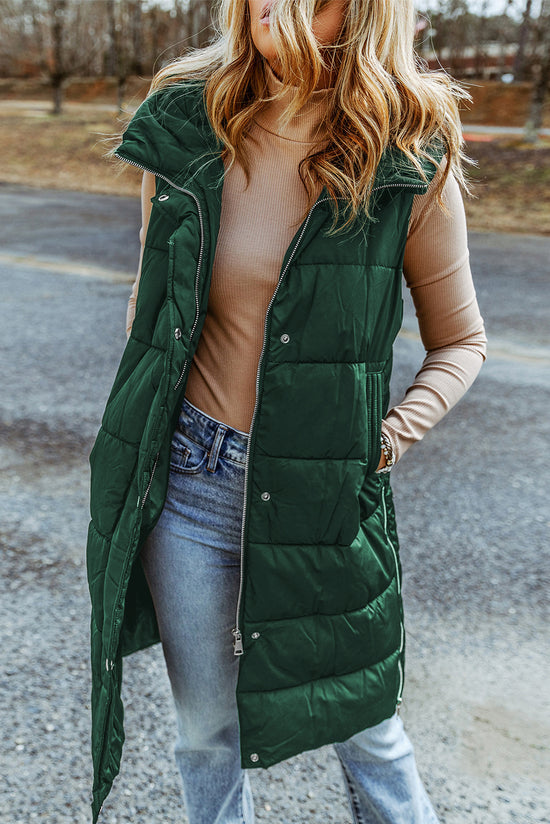 Long -hooded quilted vest coat with green hood