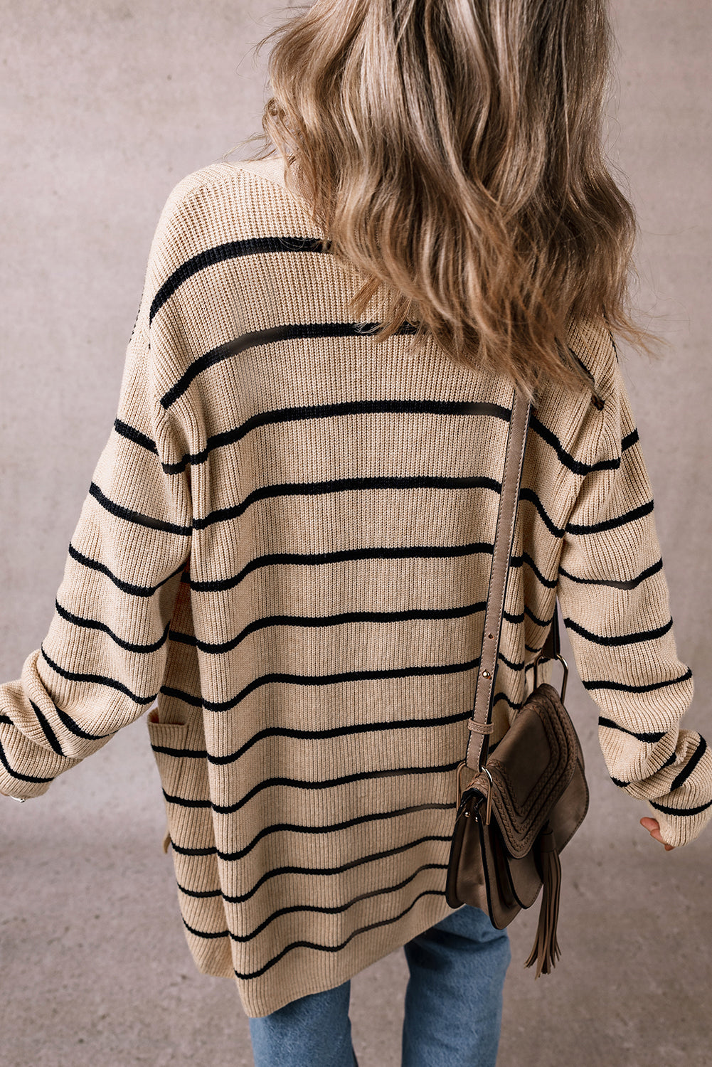 Black striped open cardigan, shawl neckline, with pockets