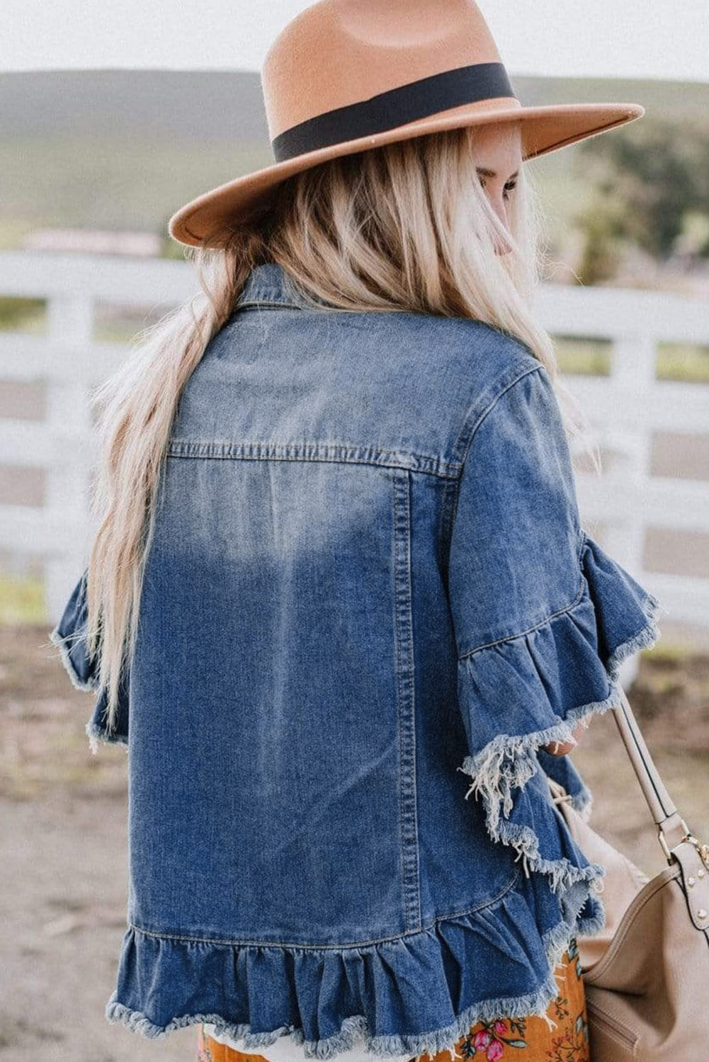 Peacock Blue Raw Edge Rufte Kurzärmel -Jeansjacke