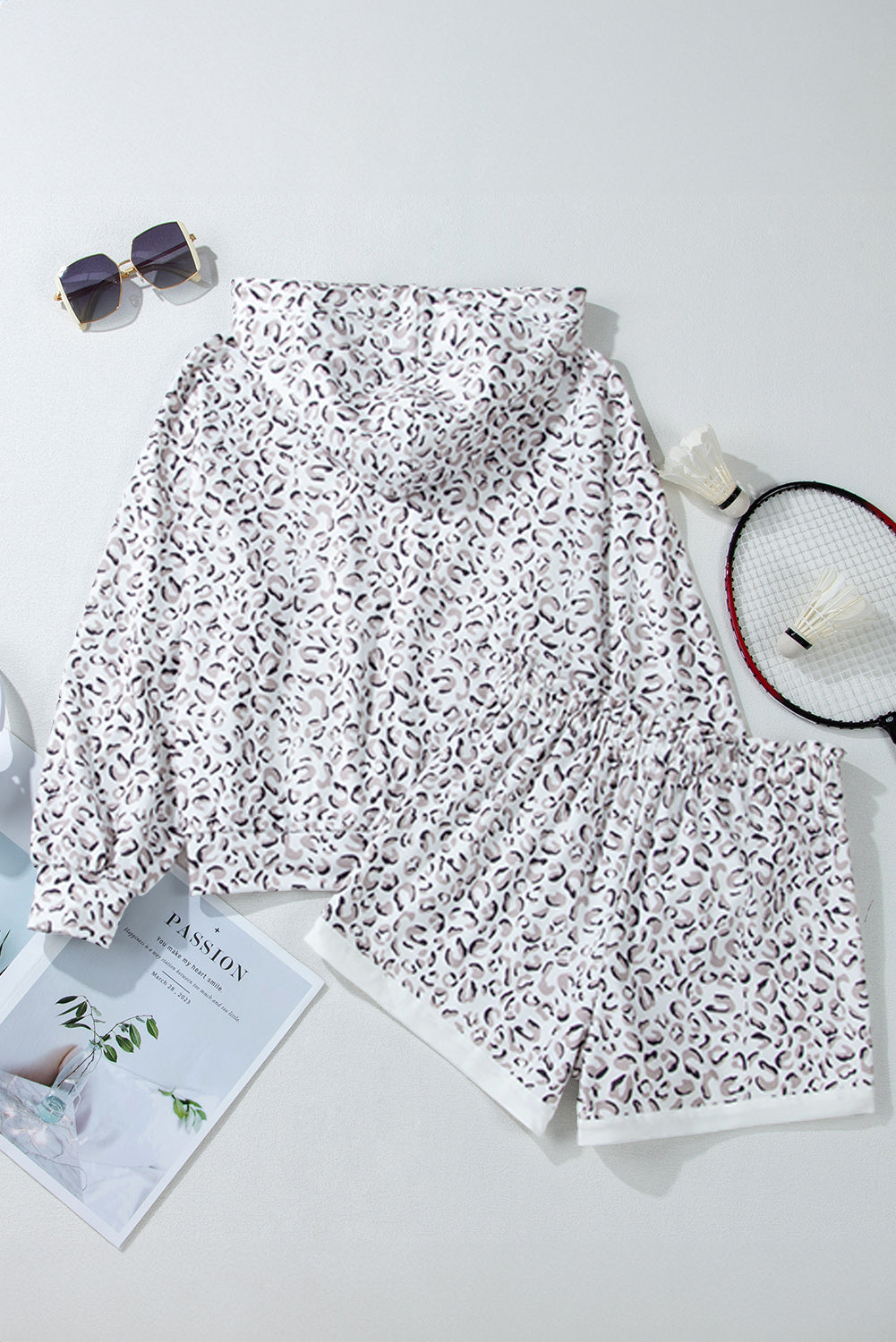 Classic White Leopard Hoodie and Shorts Set