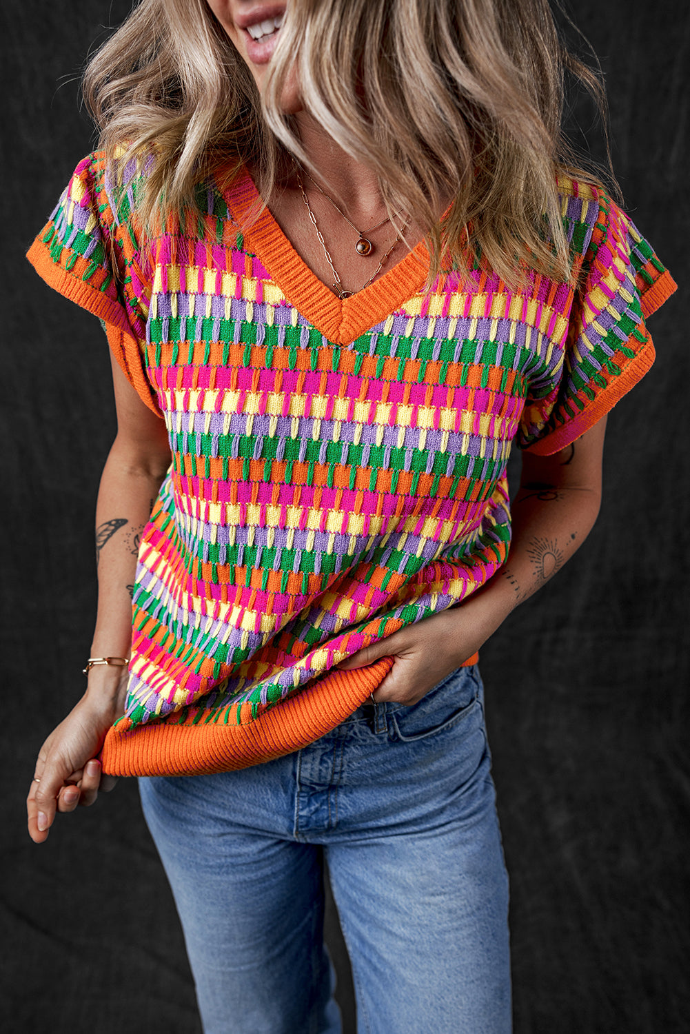 Orange Multicolor Flutter Sleeve Knitted Sweater Top